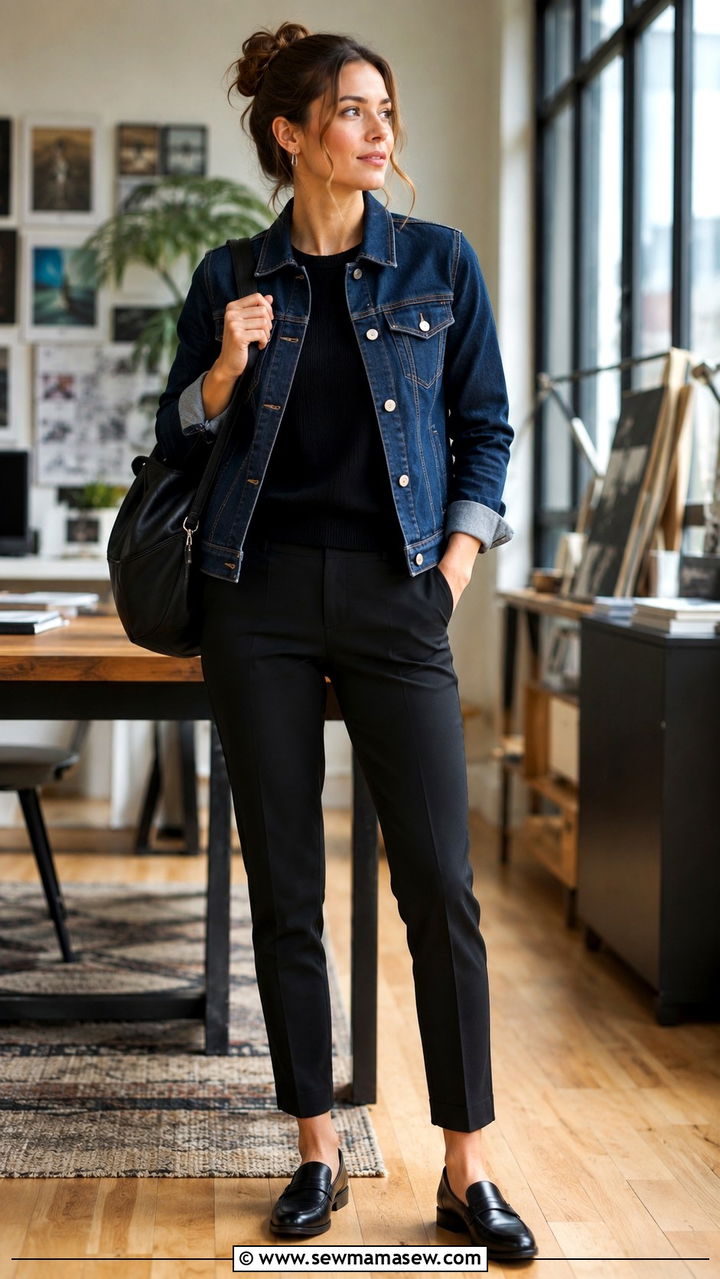 Denim jacket with black trousers and loafers - 30 business casual outfits inspo