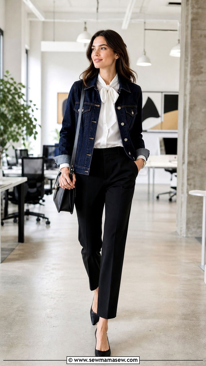 Denim jacket with black trousers and white blouse - 40 casual office outfits