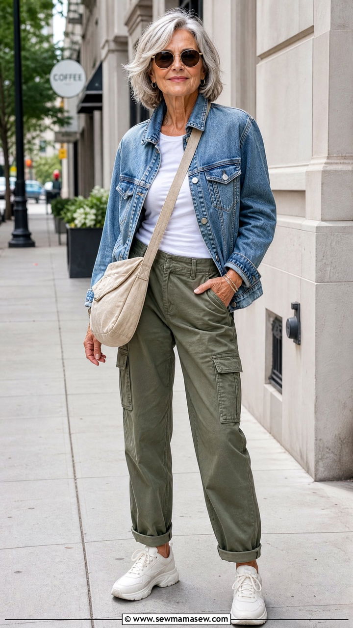 Denim jacket with cargo pants and white sneakers - 25 How to style a denim jacket over 60