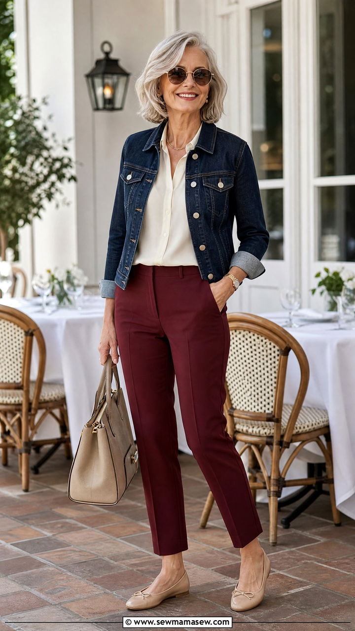 Denim jacket with colored trousers and neutral blouse - 25 How to style a denim jacket over 60