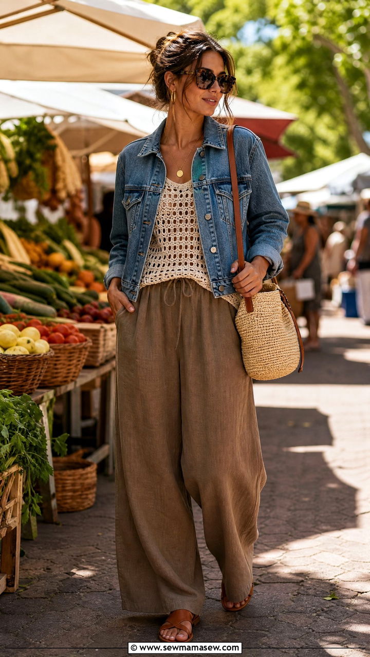 Denim jacket with crochet top and wide leg pants - 30 summer denim jacket outfit ideas