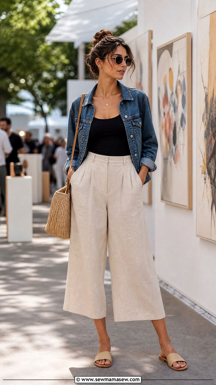 Denim jacket with culottes and fitted tank - 35 How to style a denim jacket in summer