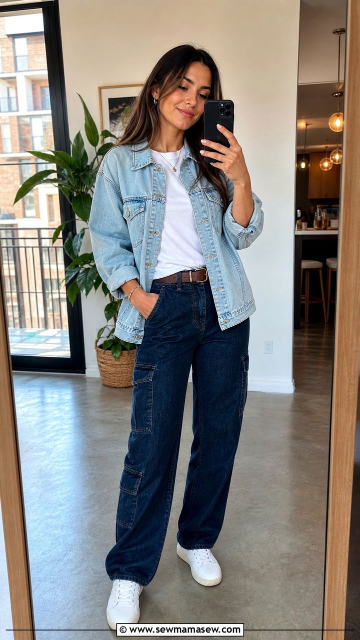 Denim jacket with denim cargo pants - 25 spring cargo pants outfit ideas