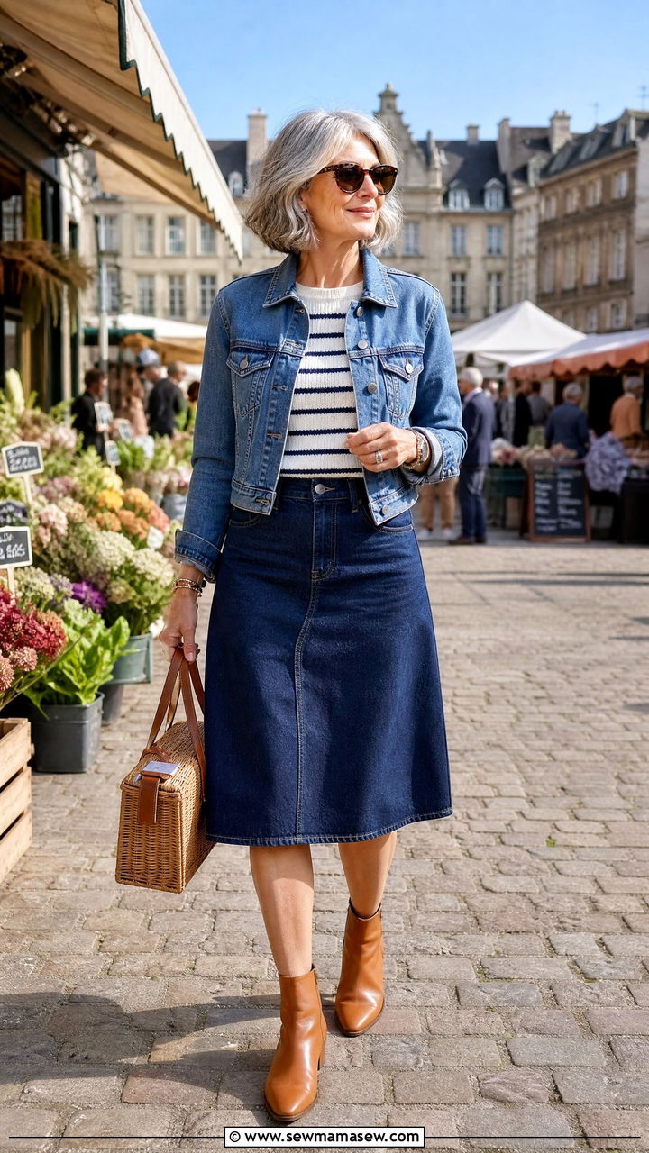 Denim jacket with denim skirt in contrasting washes - 25 How to style a denim jacket over 60