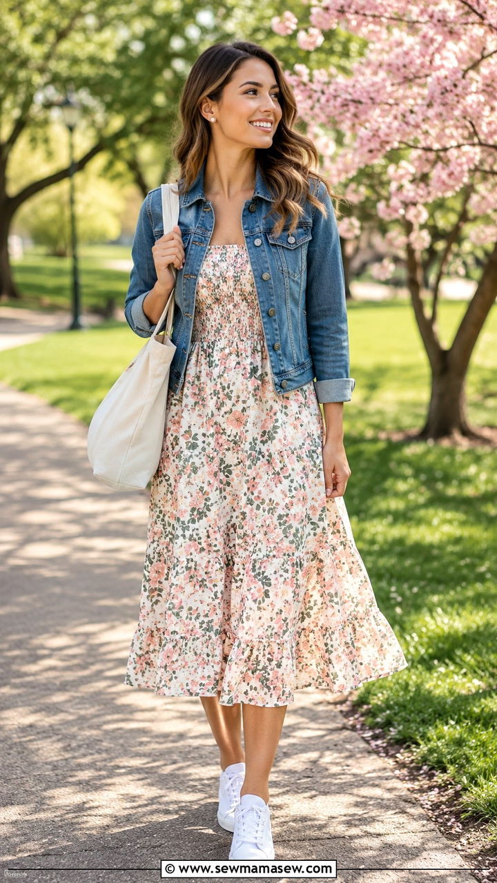 Denim jacket with floral dress and white sneakers - 30 Spring outfits with denim jackets