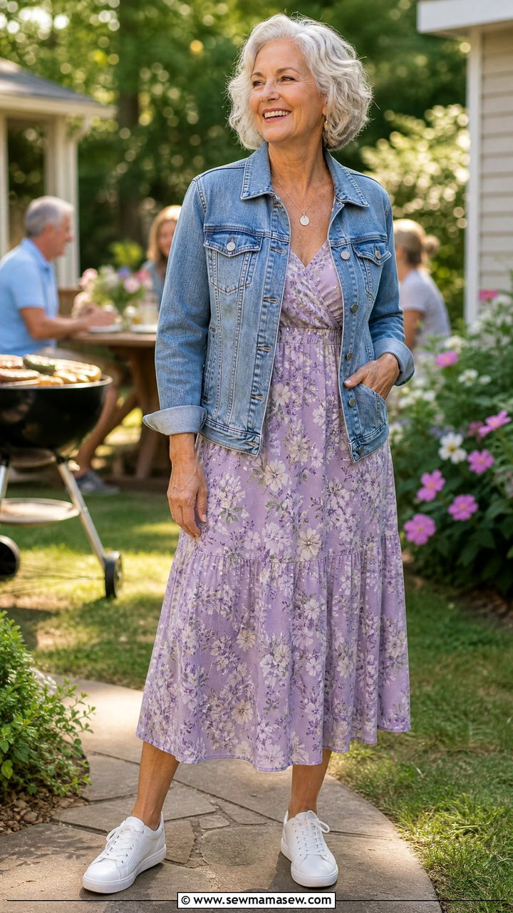 Denim jacket with floral dress outfit - 30 Stylish outfits for grandmas