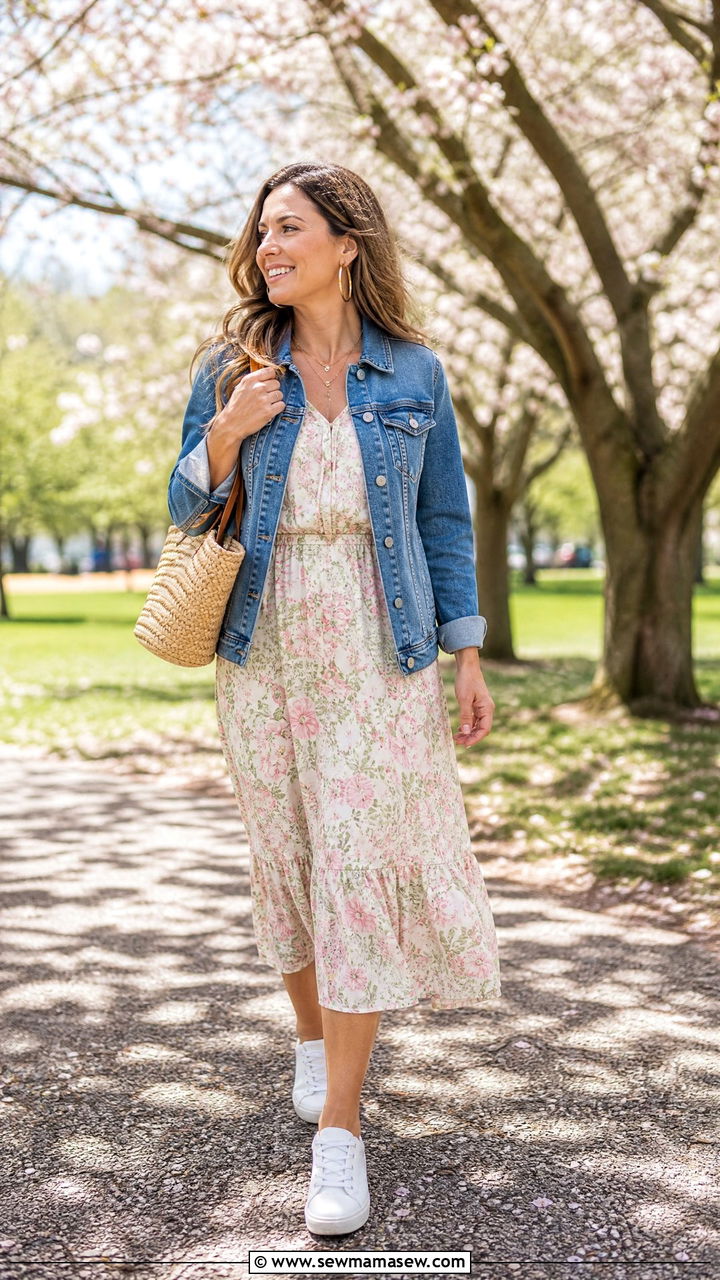 Denim jacket with floral dress outfit NYC - 40 What to wear in New York