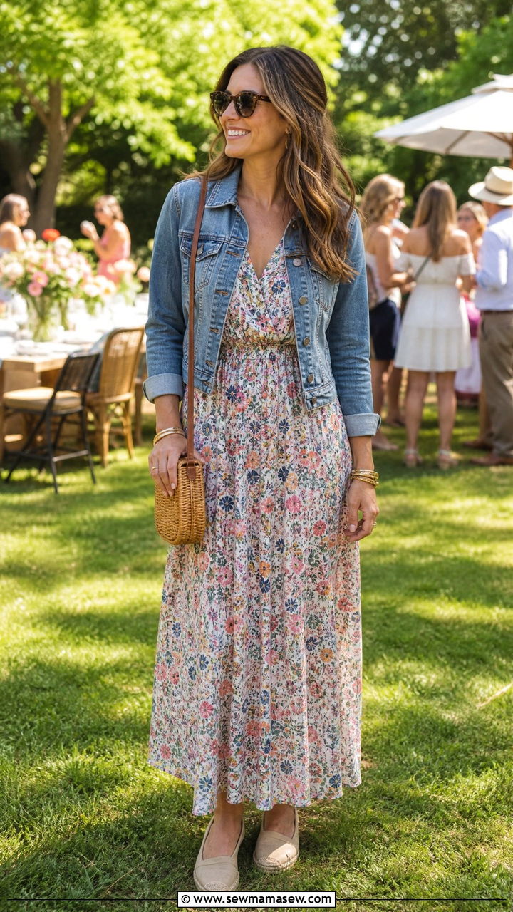 Denim jacket with floral maxi dress - 25 High school reunion outfit ideas