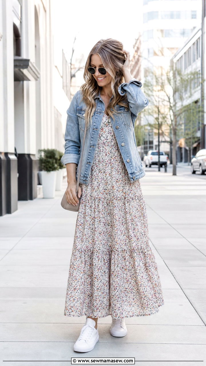 Denim jacket with floral maxi dress and white sneakers - 30 Maxi dress outfit ideas with a jacket