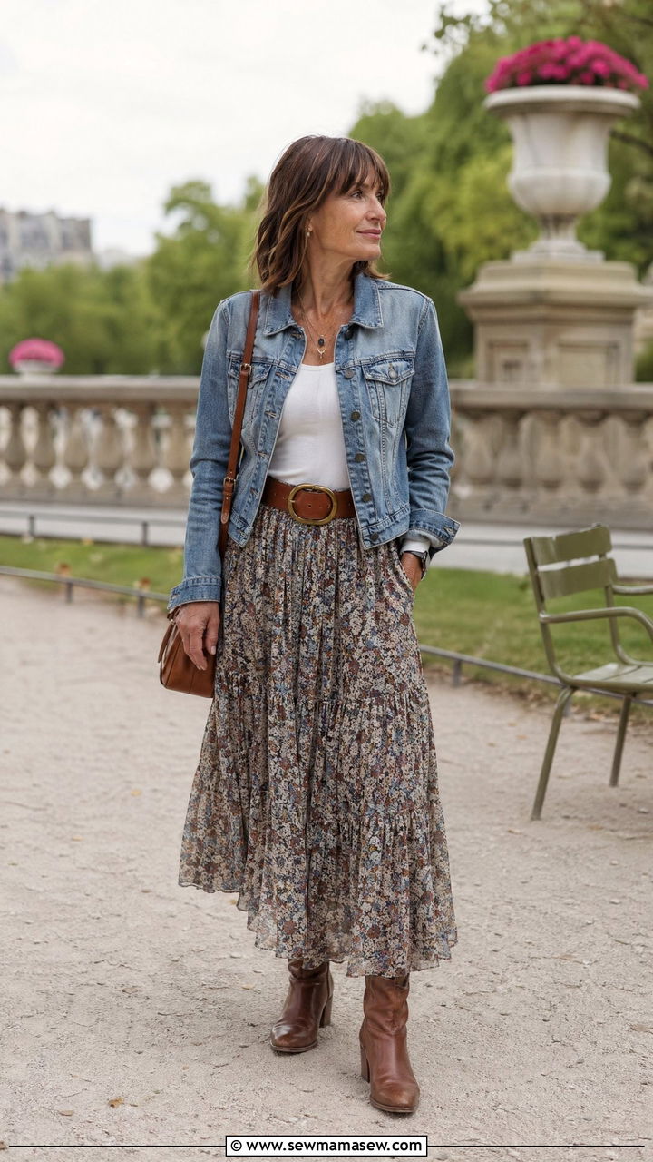 Denim jacket with floral maxi skirt and leather ankle boots - 35 French girl outfit ideas for women over 50