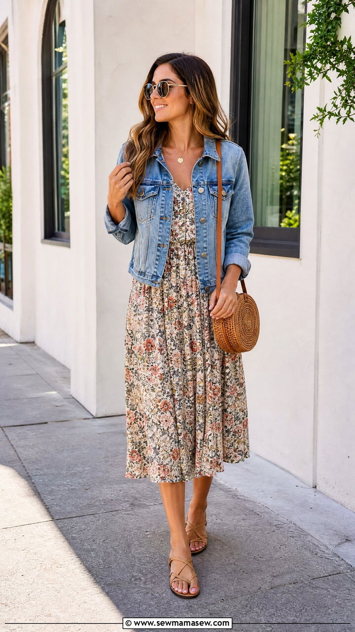 Denim jacket with floral midi dress - 35 How to style a denim jacket in summer