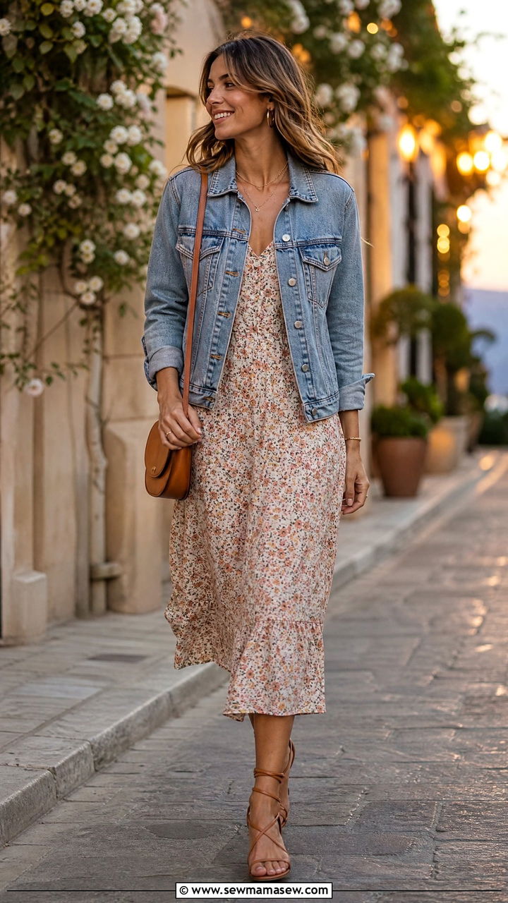 Denim jacket with floral midi dress - 30 Cozy summer outfit ideas 2026