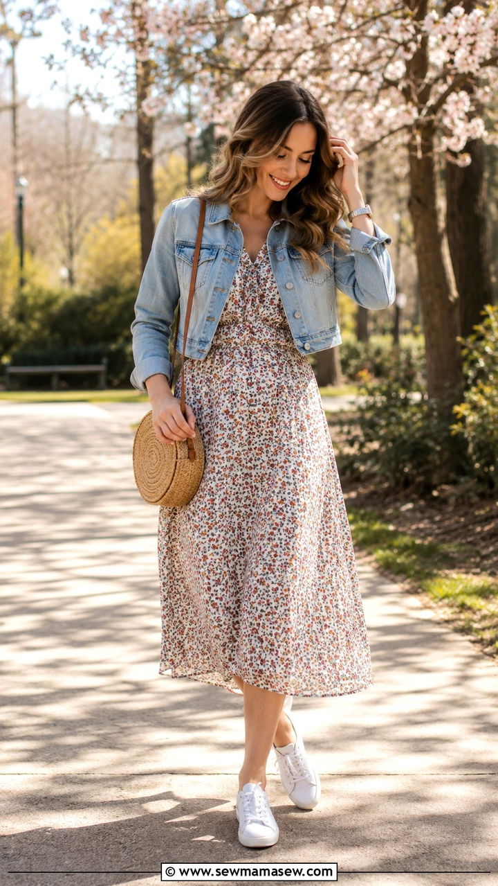Denim jacket with floral midi dress - 30 Petite outfit ideas tips
