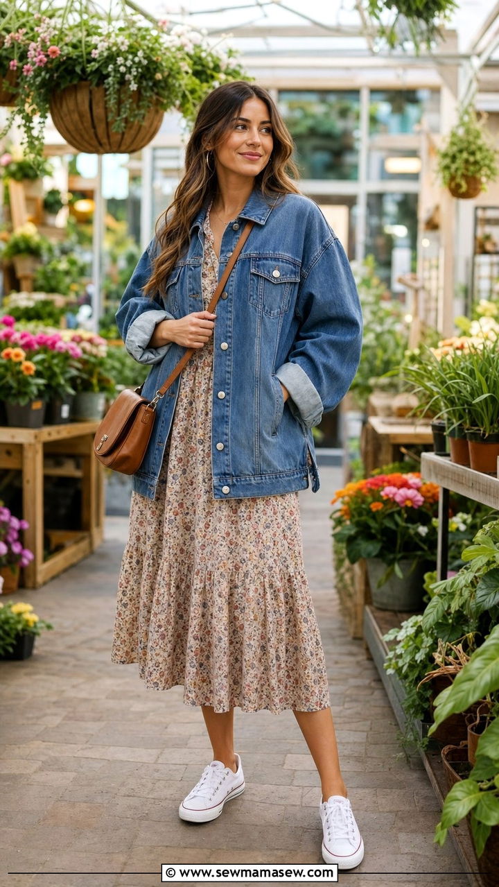 Denim jacket with floral midi dress - 25 errands outfits 2026