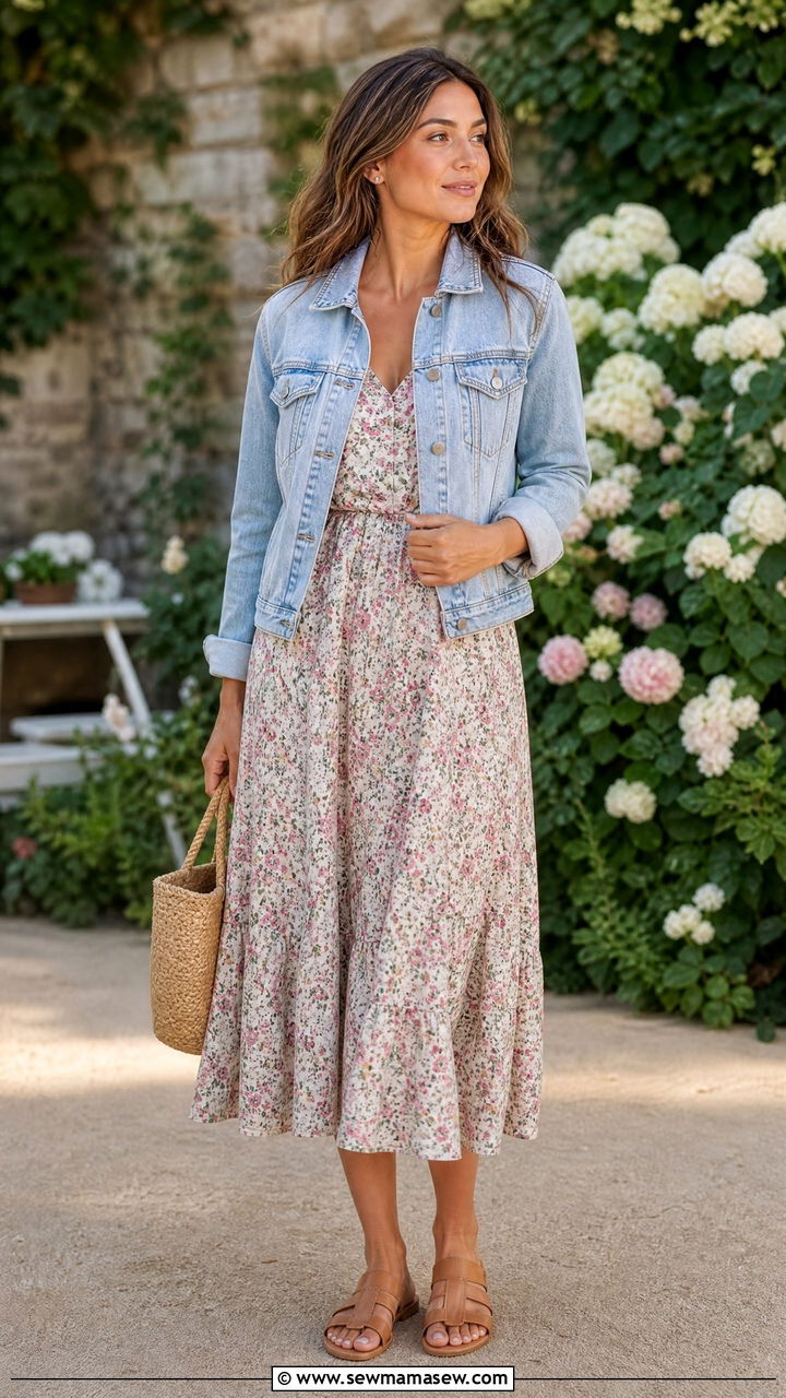 Denim jacket with floral midi dress - 30 summer denim jacket outfit ideas