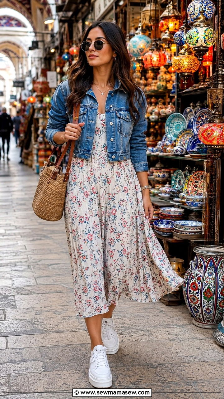 Denim jacket with floral midi dress Istanbul Grand Bazaar outfit - 30 Istanbul outfit ideas