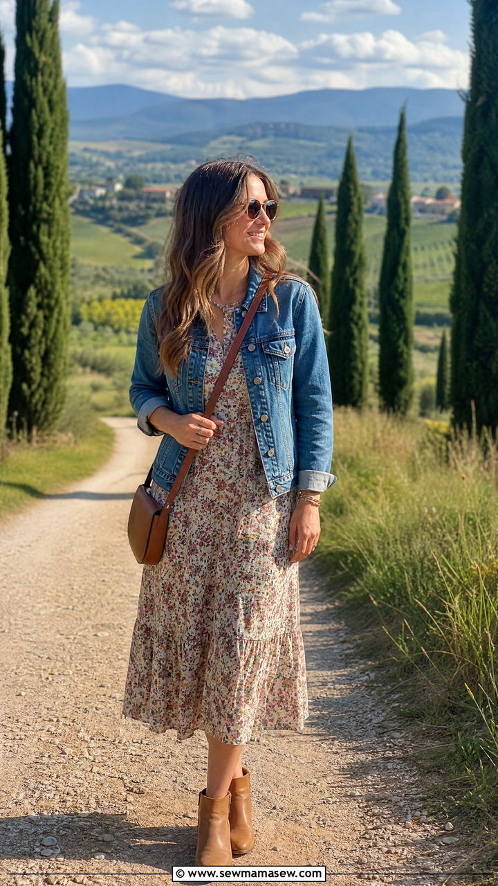 Denim jacket with floral midi dress and ankle boots - 25 casual Italy outfits