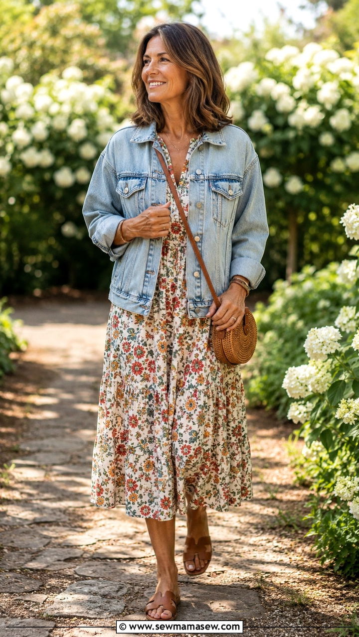 Denim jacket with floral midi dress and flat sandals - 25 model off duty outfit ideas for women over 40