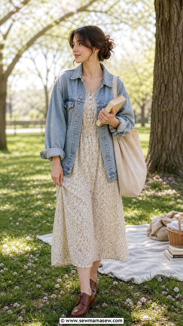 Denim jacket with floral midi dress and oxfords outfit - 40 light academia outfits