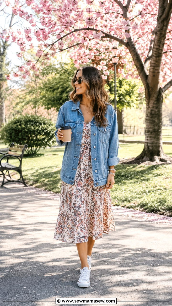 Denim jacket with floral midi dress and sneakers - 30 transitional sneaker outfit ideas