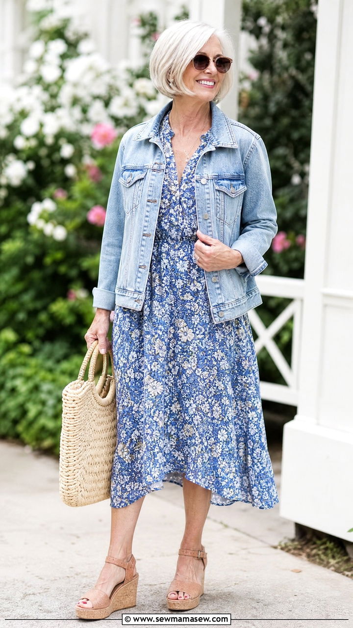 Denim jacket with floral midi dress and wedge sandals - 25 How to style a denim jacket over 60
