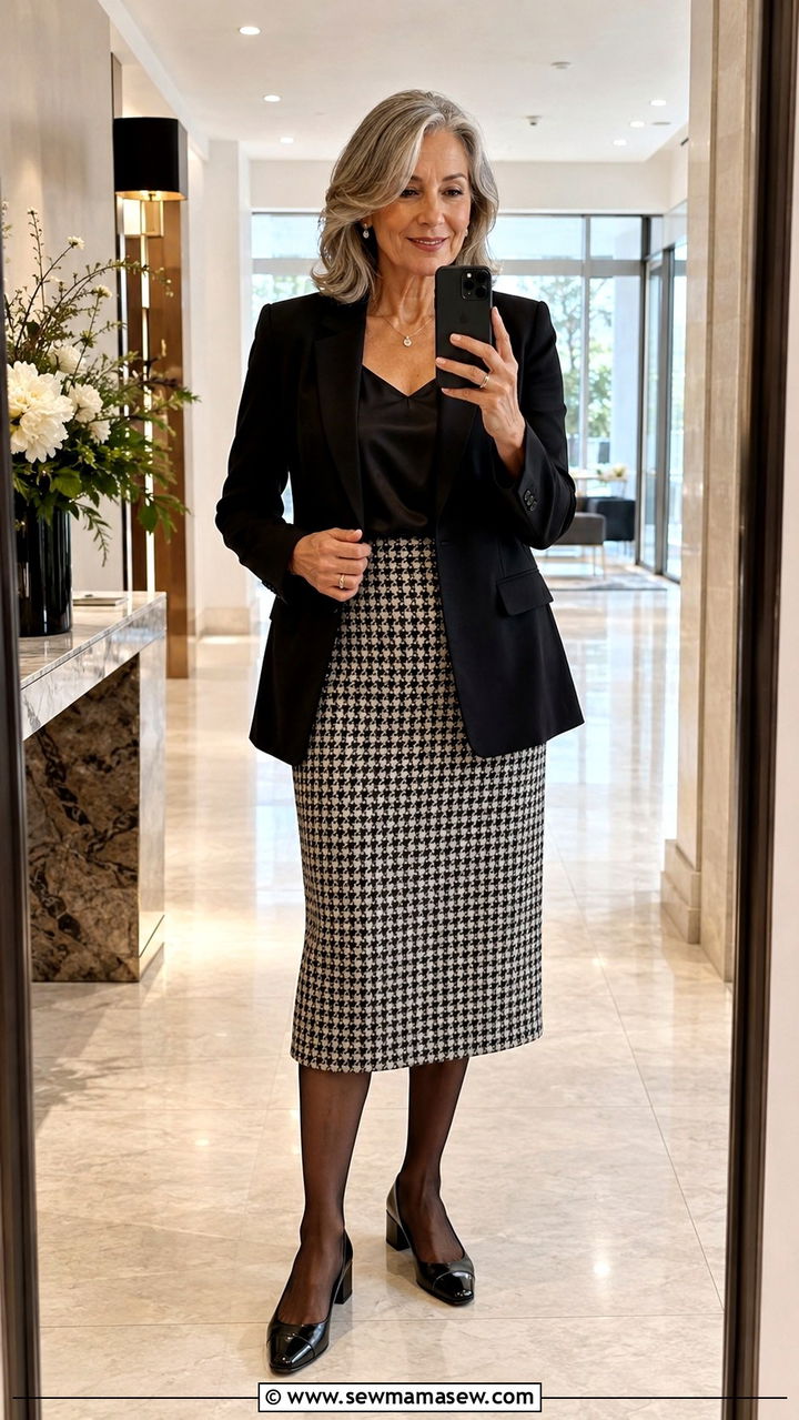 Denim jacket with floral midi dress and white sneakers - 20 Work outfit ideas for women over 50 2026