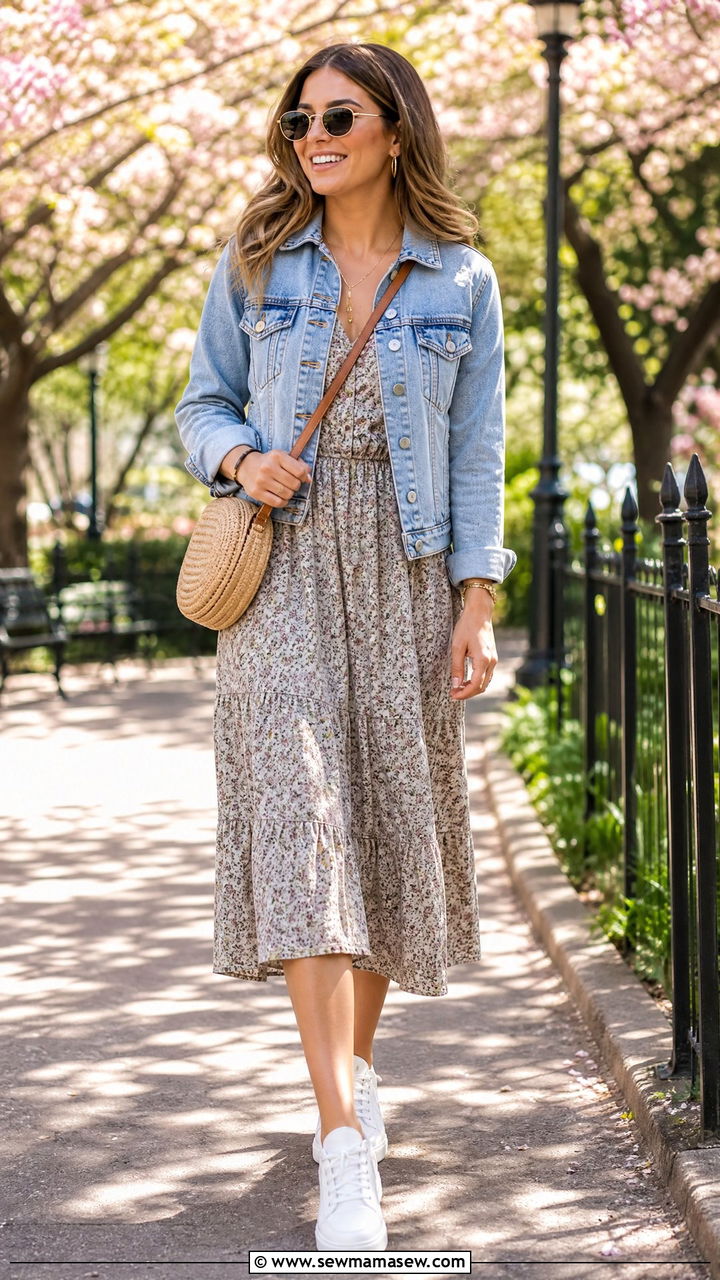 Denim jacket with floral midi dress and white sneakers - 25 Polished spring outfit ideas 2026