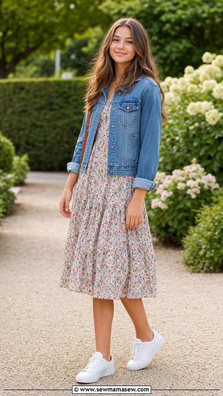 Denim jacket with floral midi dress outfit - 35 Back to school outfits for teens
