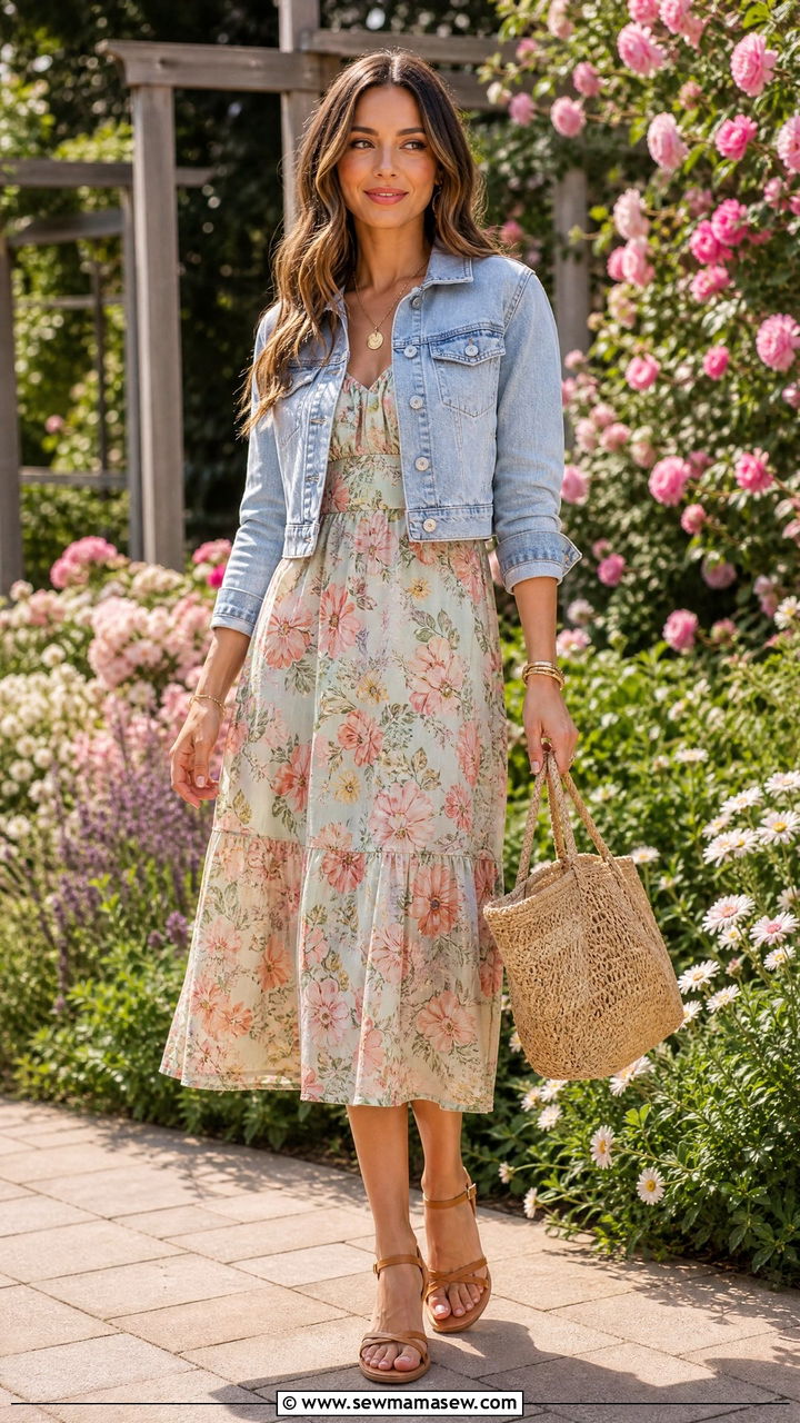 Denim jacket with floral midi dress outfit - 35 How to style a denim jacket in spring