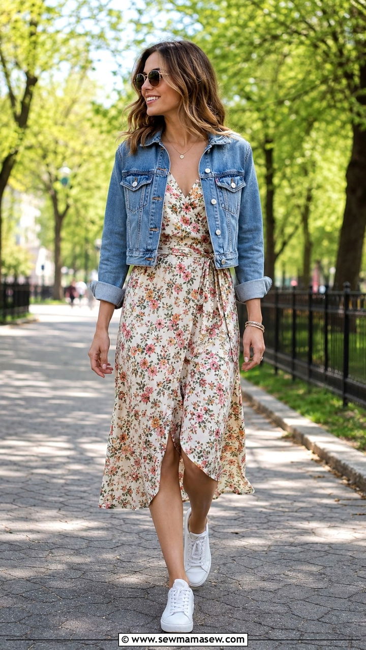 Denim jacket with floral midi dress outfit athletic body - 30 Outfit ideas for athletic body