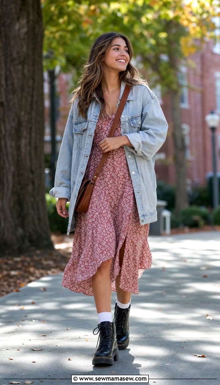 Denim jacket with floral midi dress outfit - 35 Back to school outfit ideas 12th grade