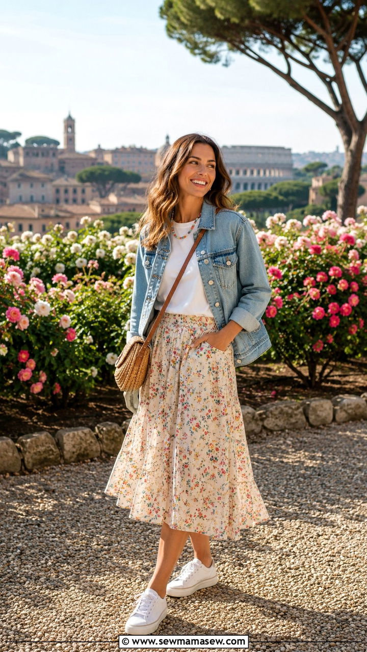Denim jacket with floral midi skirt Rome outfit - 25 Rome outfit ideas