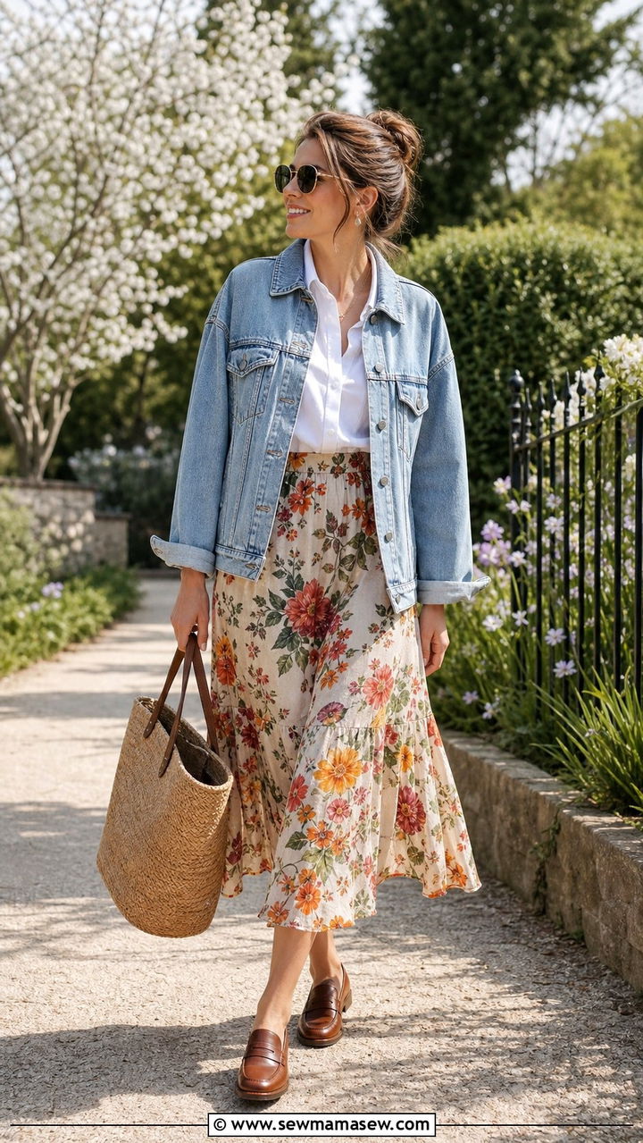Denim jacket with floral midi skirt and loafers - 25 spring early spring outfit ideas