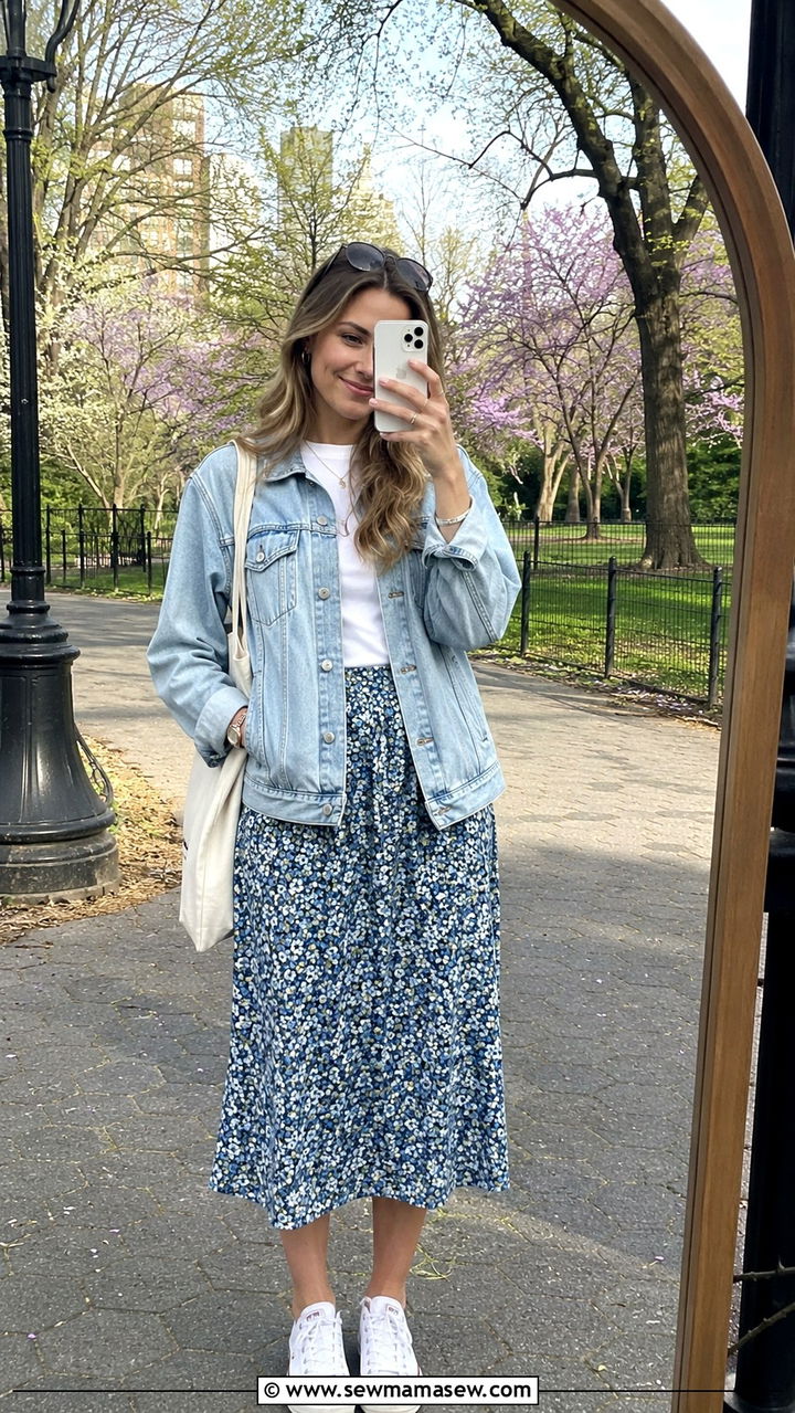 Denim jacket with floral midi skirt and sneakers - 30 Midi skirt outfit ideas with sneakers