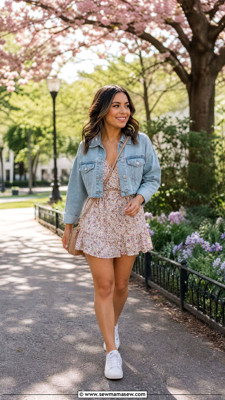 Denim jacket with floral mini dress - 30 Cute outfits for short women