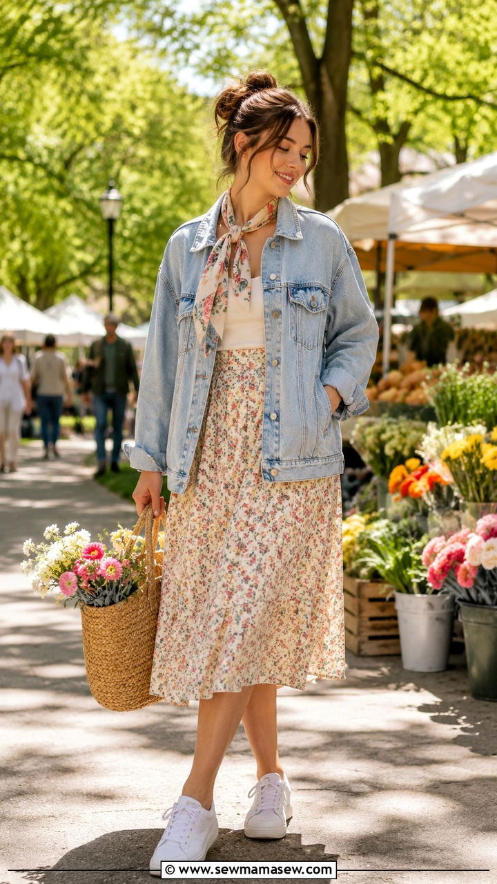 Denim jacket with floral scarf and a line midi skirt - 30 Spring outfits with scarves