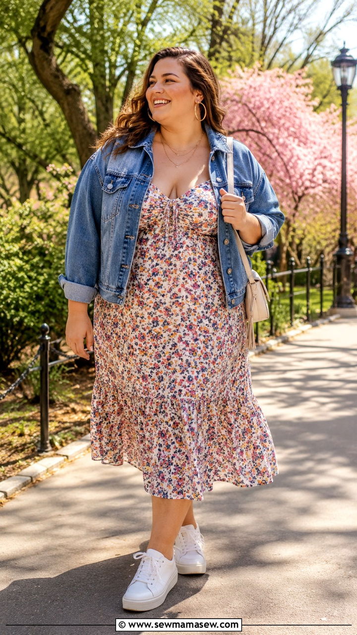 Denim jacket with floral sundress - 30 Plus size outfit ideas spring 2026