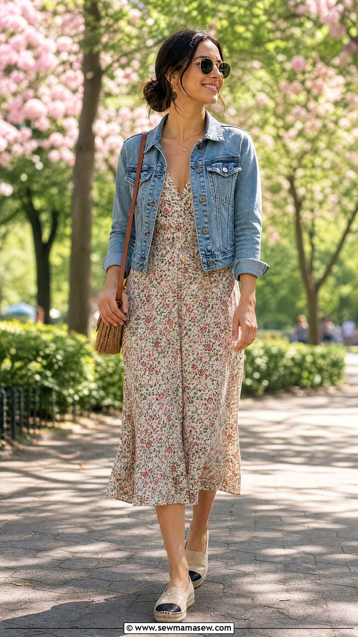 Denim jacket with floral tea dress - 25 spring outfits for apple shaped body