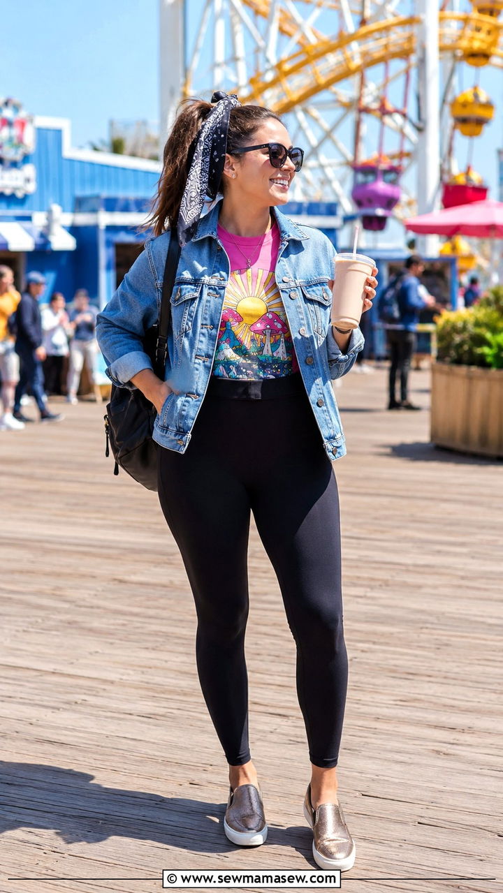 Denim jacket with graphic tee and leggings - 30 theme park outfit ideas