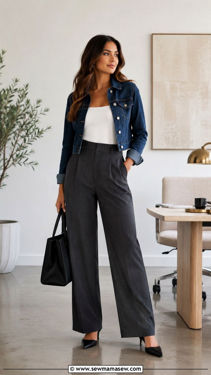 Denim jacket with high waisted trousers and a bodysuit for work - 30 How to style a denim jacket for work