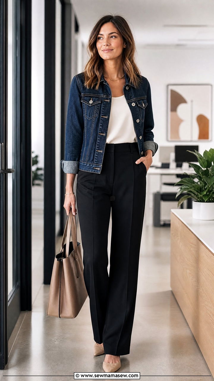 Denim jacket with high waisted trousers and sleeveless blouse - 35 How to style a denim jacket in summer