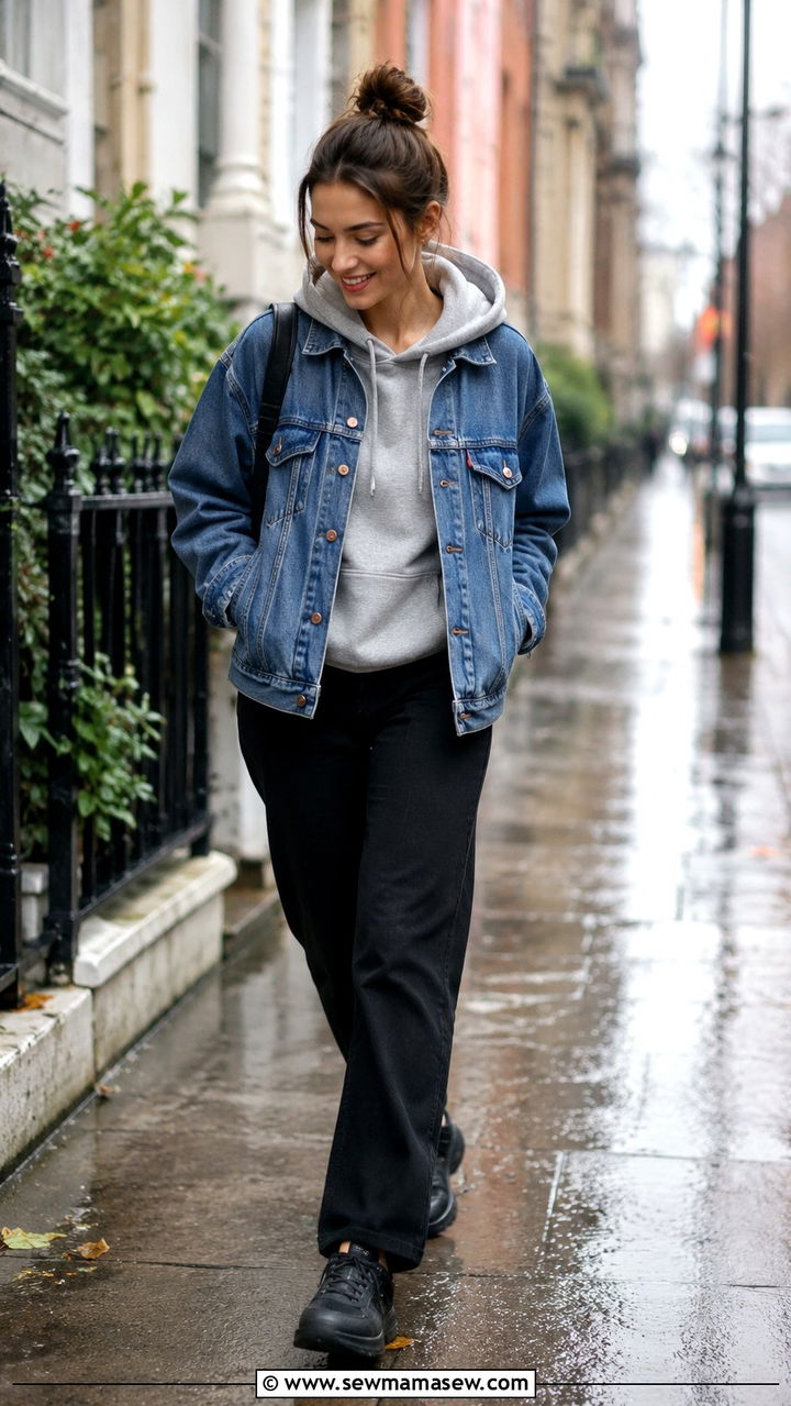 Denim jacket with hoodie and black pants - 30 Rainy day weekend outfit ideas