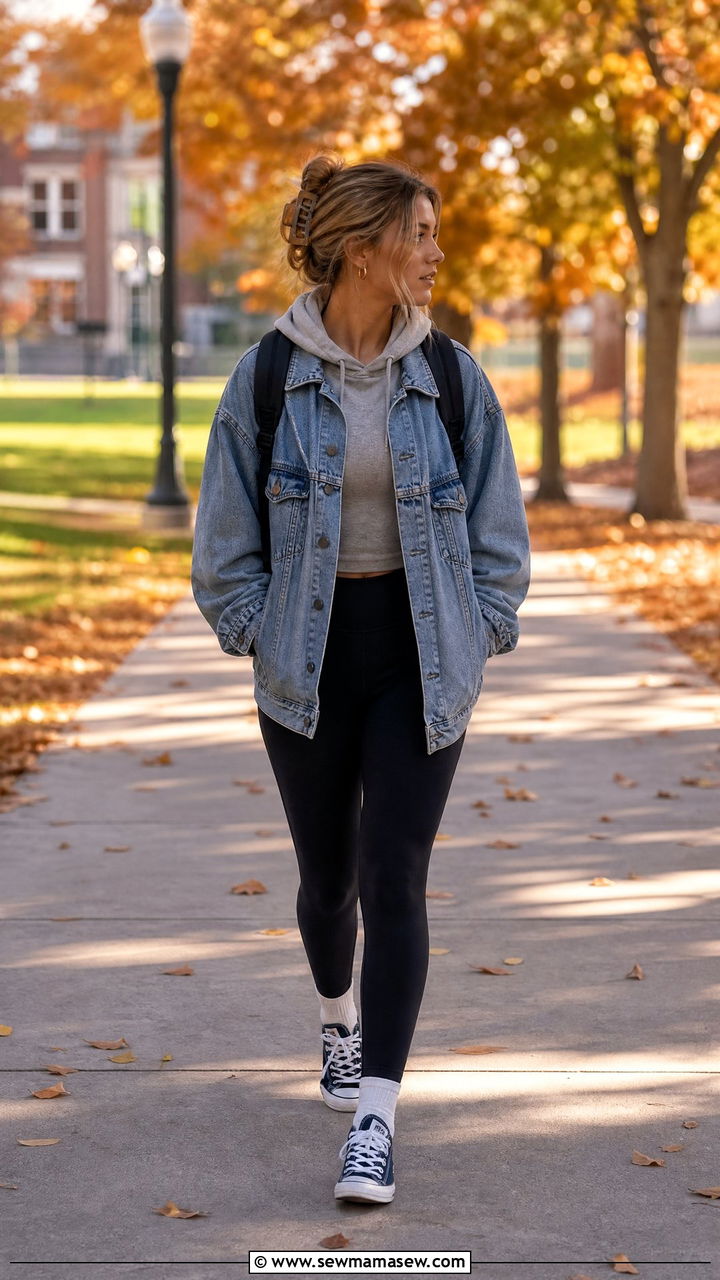 Denim jacket with hoodie and leggings - 30 College study session outfit ideas