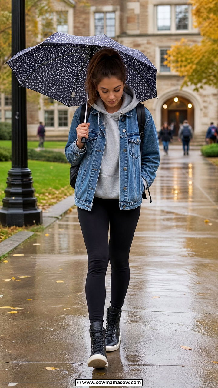 Denim jacket with hoodie layer - 25 spring rainy day outfit ideas