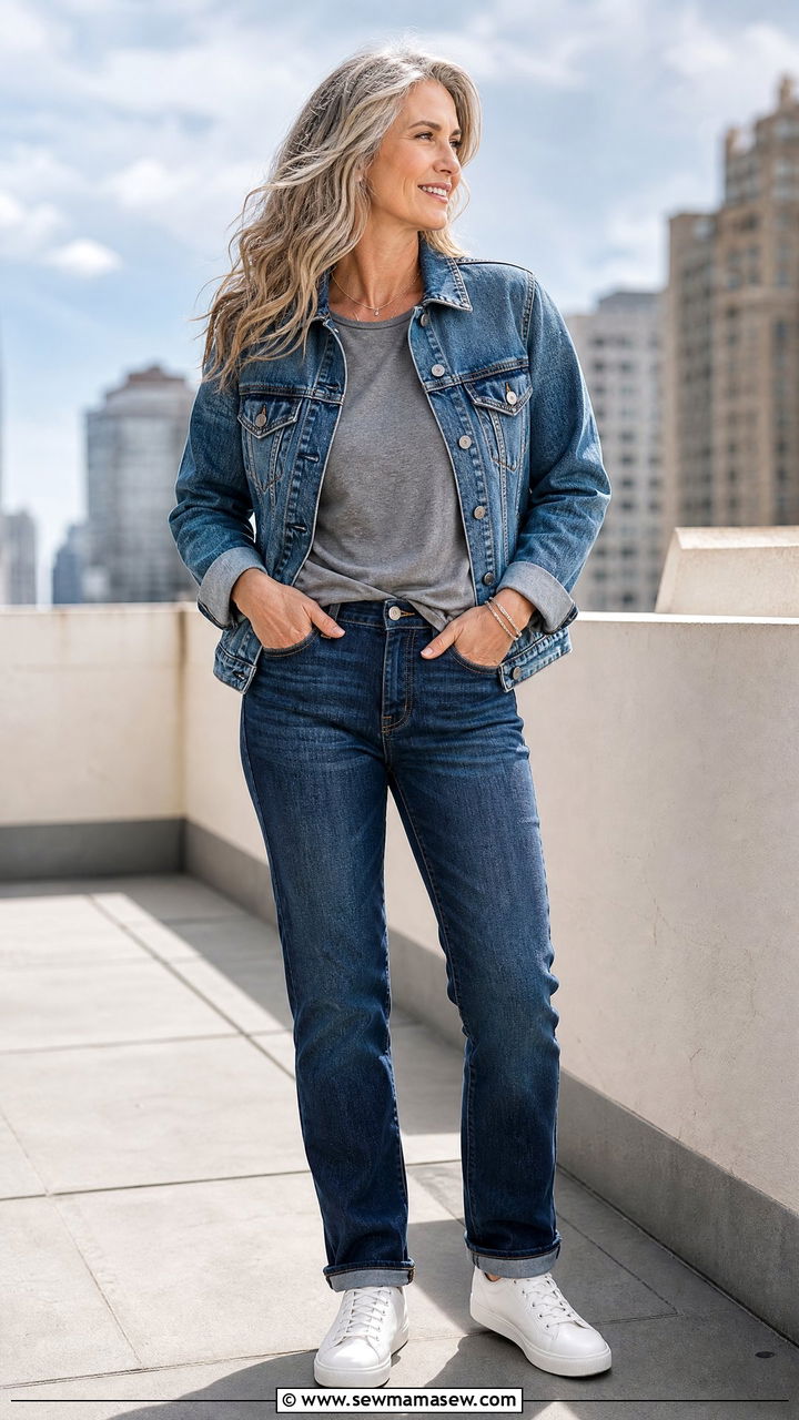 Denim jacket with jeans and sneakers outfit - 35 Jeans and sneakers outfit ideas over 50
