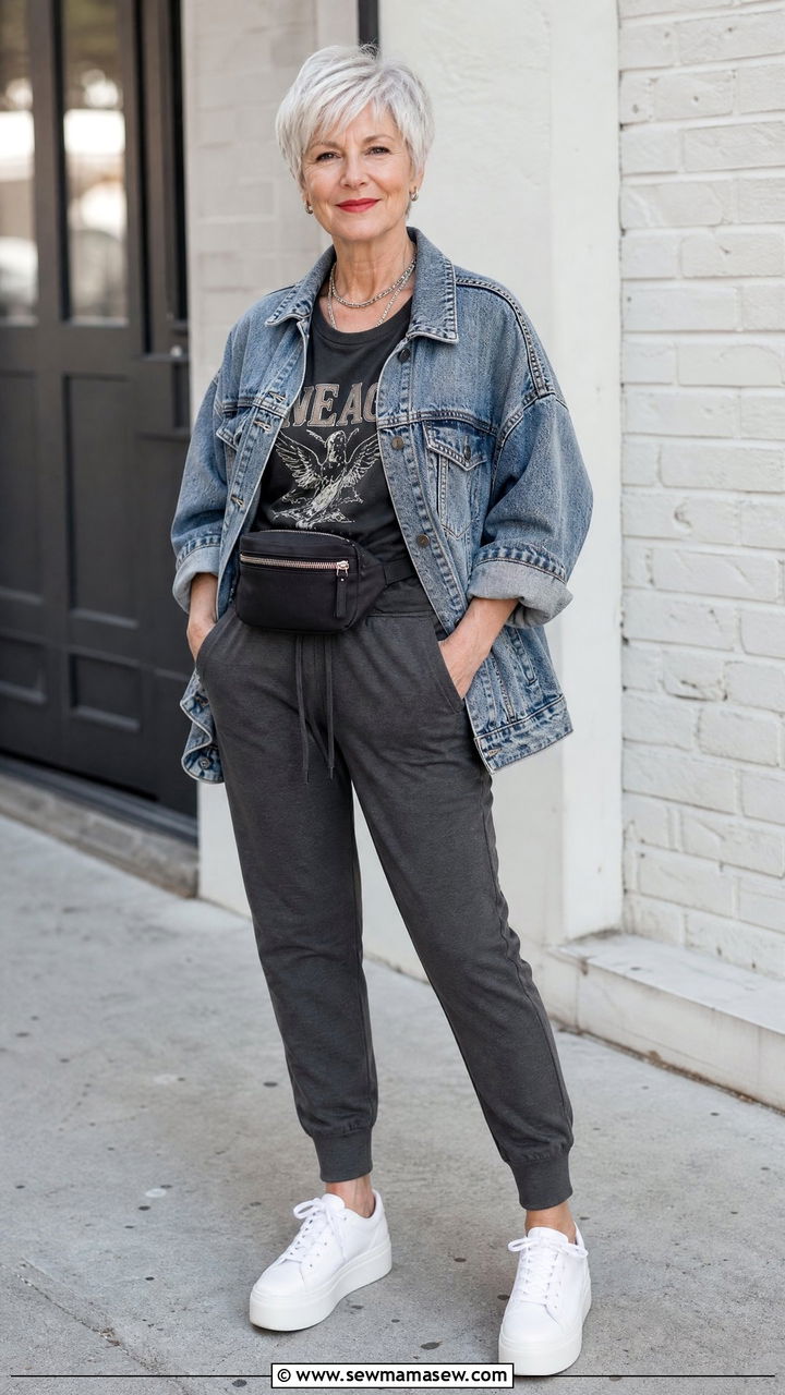 Denim jacket with joggers and a graphic tee - 25 How to style a denim jacket over 60