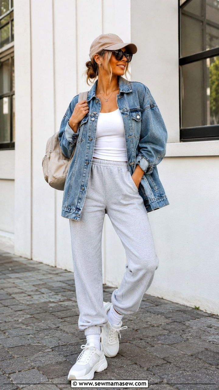 Denim jacket with joggers and sneakers - 30 Spring outfits with denim jackets