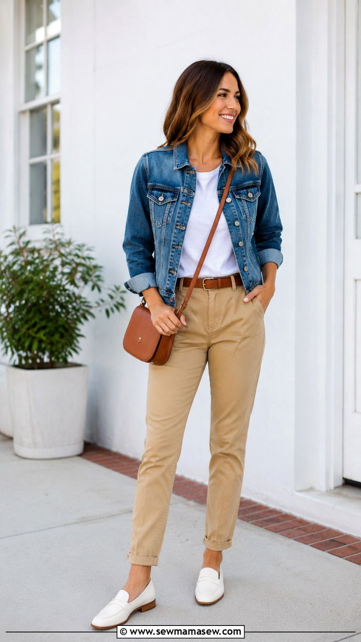 Denim jacket with khaki pants - 30 Spring outfits with denim jackets