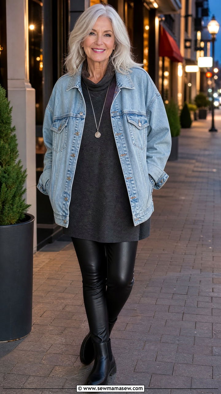 Denim jacket with leather leggings and tunic length top - 25 How to style a denim jacket over 60