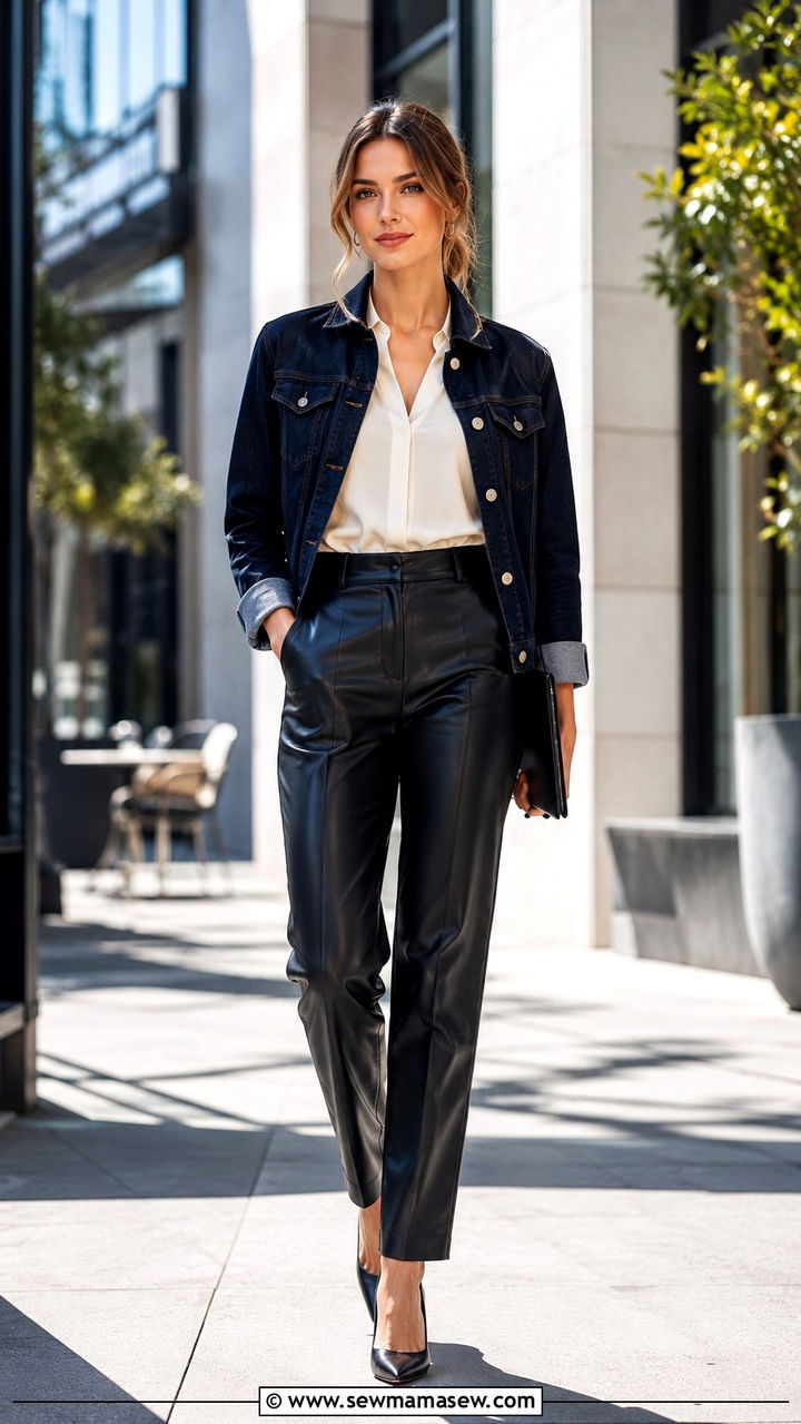 Denim jacket with leather trousers for a polished edge - 30 How to style a denim jacket for work